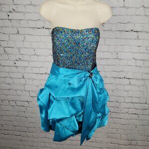 NWT Nox Anabel Blue Lace Up Back Sequin Satin Strapless Mini Dress Size XL